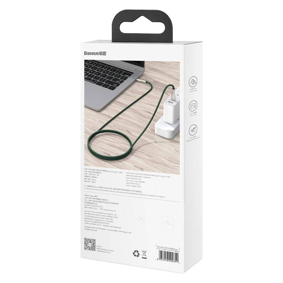 BASEUS CAFULE SERIES METAL DATA USB TYPE C - USB TYP C CABLE POWER DELIVERY 100 W (20 V / 5 A) 2 M GREEN (CATJK-D06)