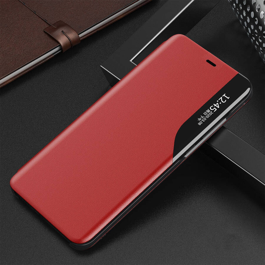 ECO LEATHER VIEW CASE ELEGANT BOOKCASE TYPE CASE WITH KICKSTAND FOR IPHONE 13 RED