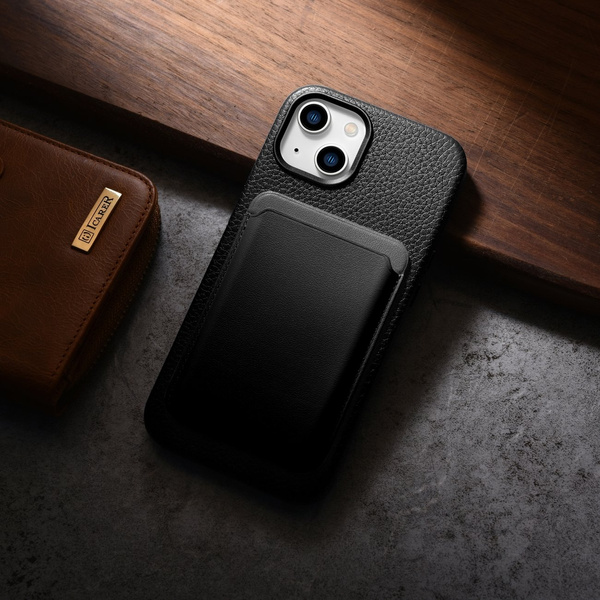 iCarer Litchi Premium Leather Case skórzane etui iPhone 14 magnetyczne z MagSafe czarny (WMI14220709-BK)