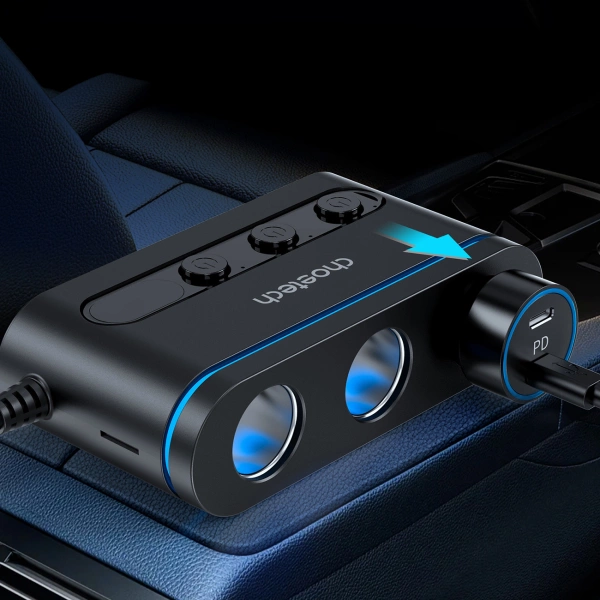 Choetech TC0021 car charger 2x USB-C PD 1x USB-A QC 3x cigarette lighter socket - black