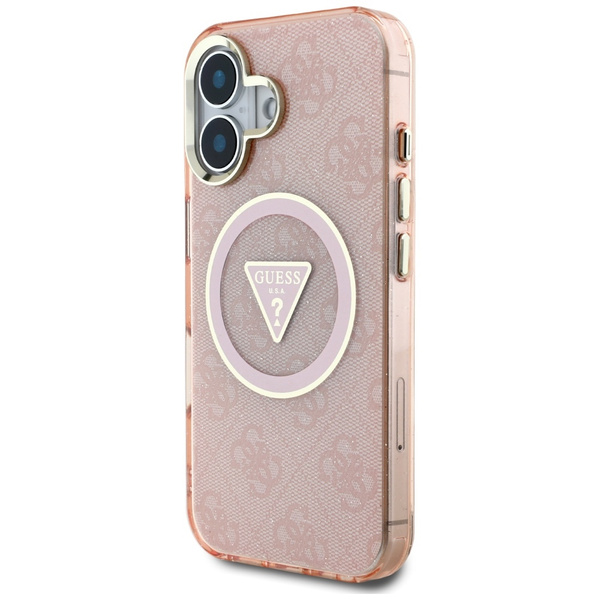 Etui Guess IML Metal Glitter 4G Circle   Triangle MagSafe do iPhone 16 różowy