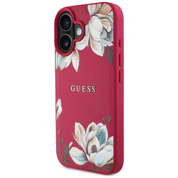 Etui Guess Grained Printed Flower        Pattern MagSafe do iPhone 16 fuksja
