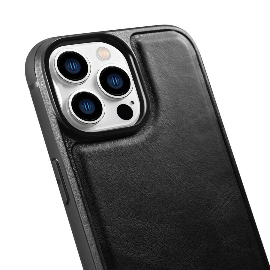 iCarer Leather Oil Wax etui pokryte naturalną skórą do iPhone 14 Pro Max (kompatybilne z MagSafe) czarny (WMI14220720-BK)