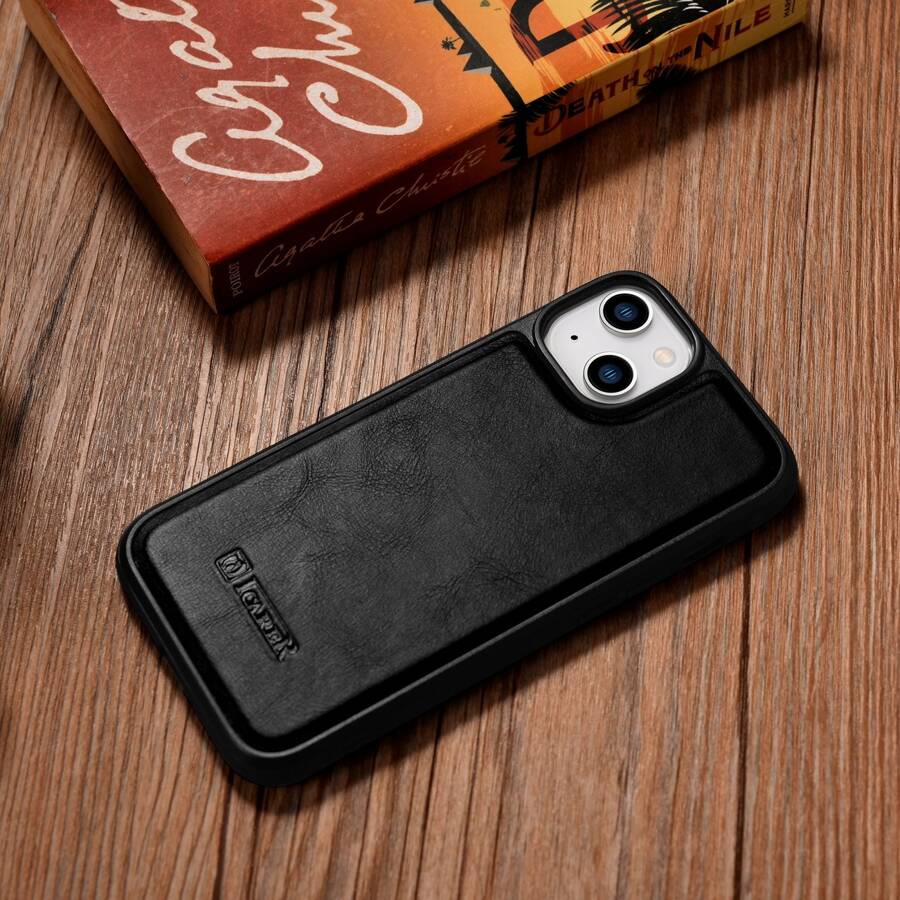 iCarer Leather Oil Wax etui pokryte naturalną skórą do iPhone 14 (kompatybilne z MagSafe) czarny (WMI14220717-BK)